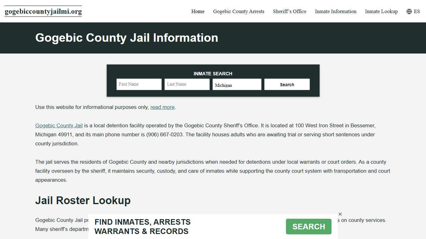 Gogebic County, MI Jail Roster, Inmate Info
